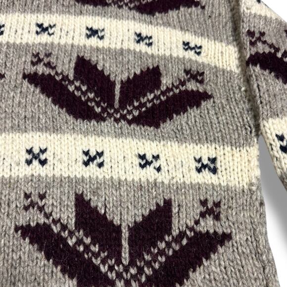 Vintage Cowichan Wool Sweater Pullover Shawl Collar Handmade Gray Burgundy Sz S - Picture 6 of 7